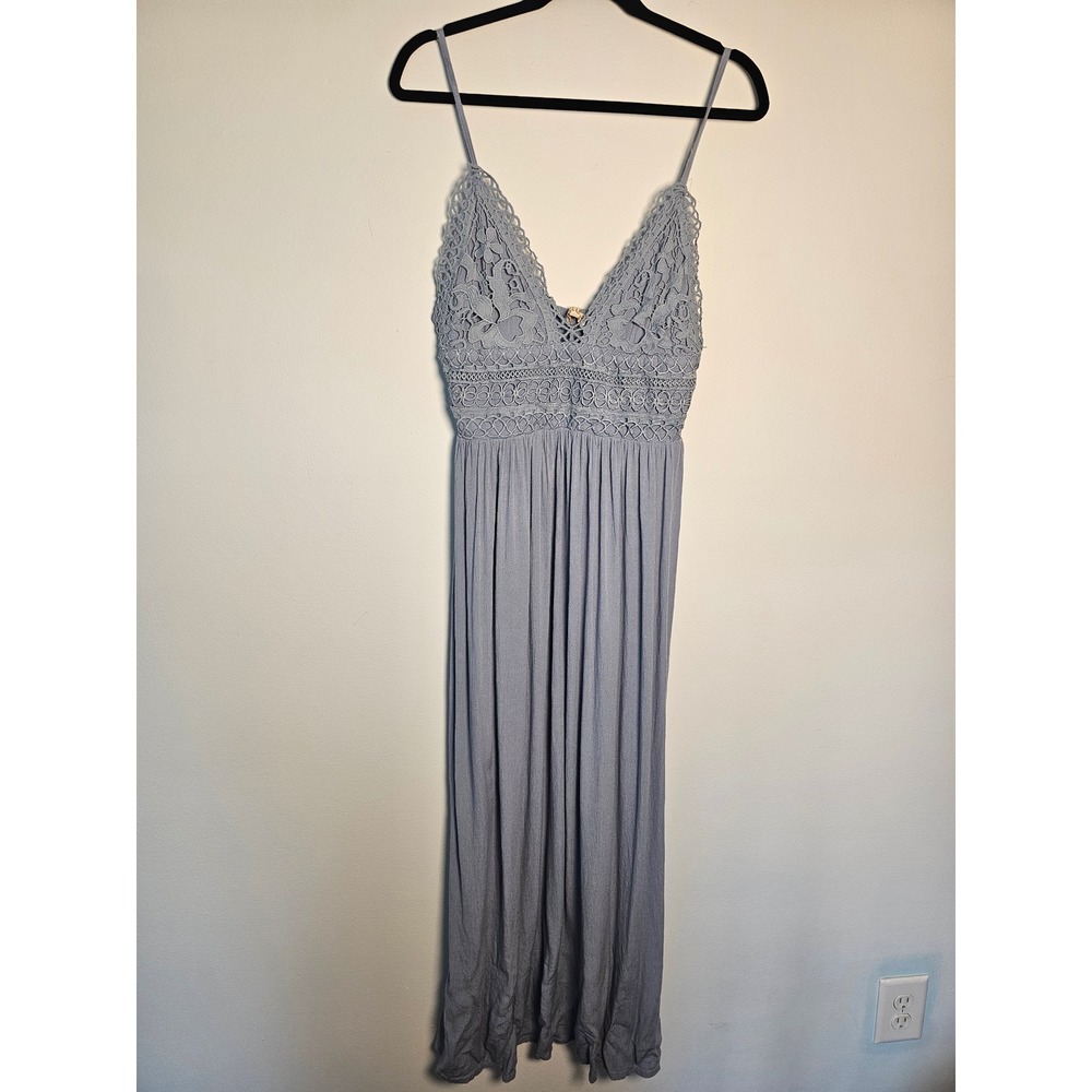 Boho Rebellion Again Crochet Lace Maxi Dress Womens Large Blue Smocked Back